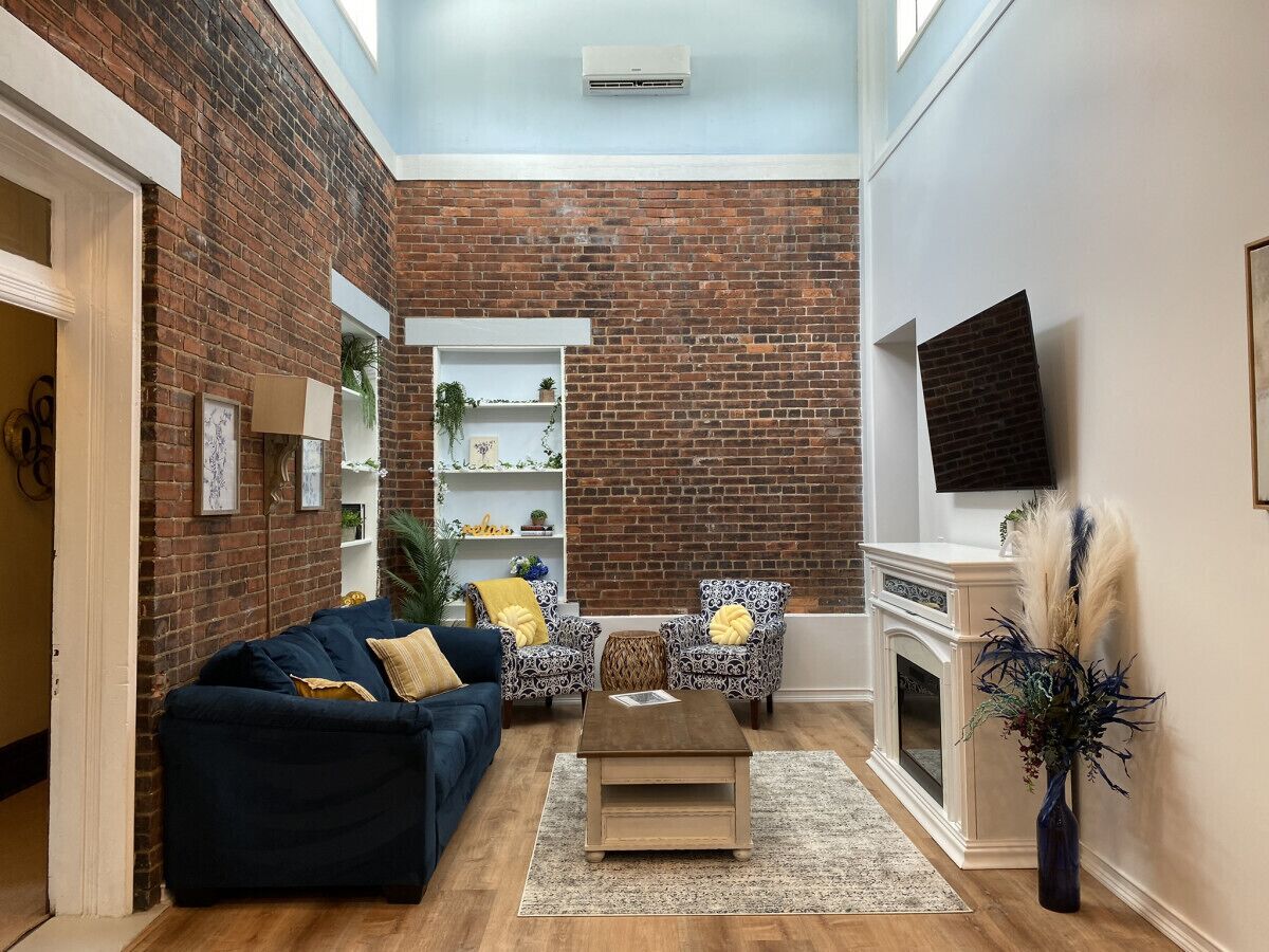 Smart TV, fireplace, books