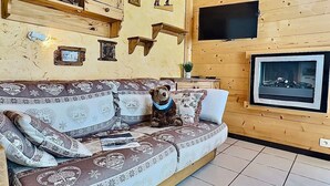 A cozy room with a wooden interior, a sofa with patterned cushions, a teddy bear, and a fireplace. - 2-room Apartment in Tignes - 4 people (Tignes-Le Lavachet)