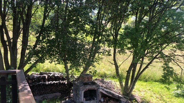 Une structure en bois à l’extérieur, dotée d’une cheminée, entourée d’arbres et d’une pile de bûches.