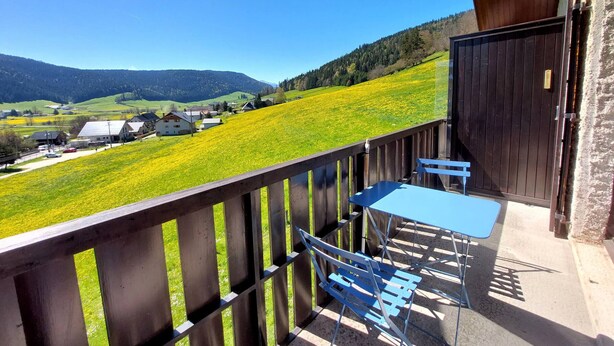 A balcony with a view of a green field and houses in the distance. - Charming apartment in Méaudre - 5 pers, parking included (Méaudre)