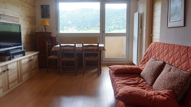 A cozy living room with a wooden floor, a red sofa, a dining table with chairs, and a television on a wooden cabinet. - Renovated apartment with balcony, parking and wifi, close to slopes - Méaudre (Méaudre)