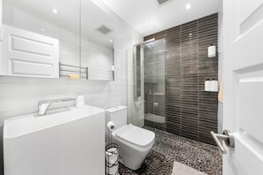 Shower, eco-friendly toiletries, hair dryer, towels