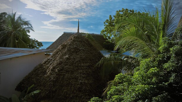 Una edificación con techo de paja y vista al mar y palmeras.