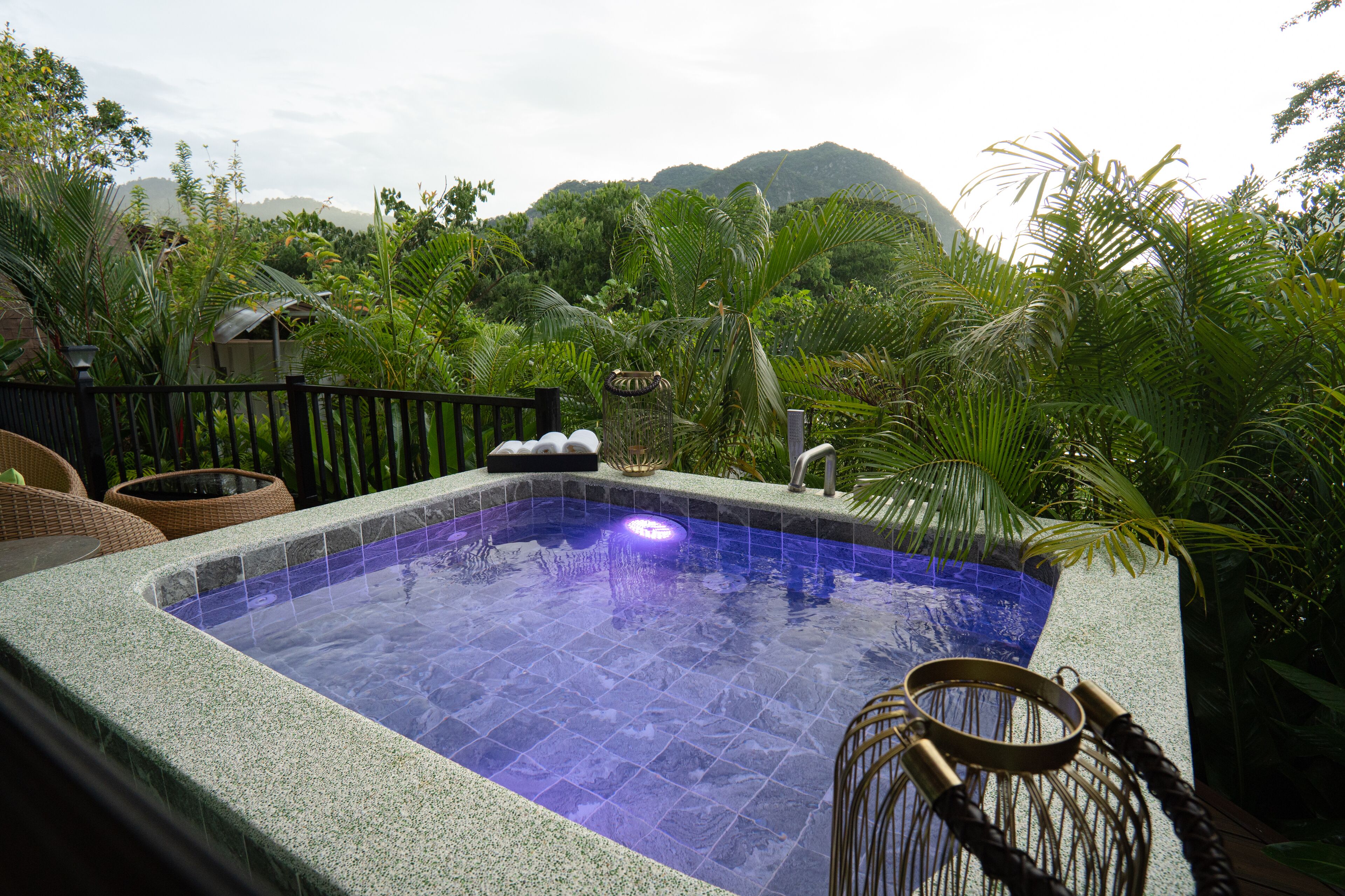 A hot tub surrounded by lush greenery and a mountain backdrop.