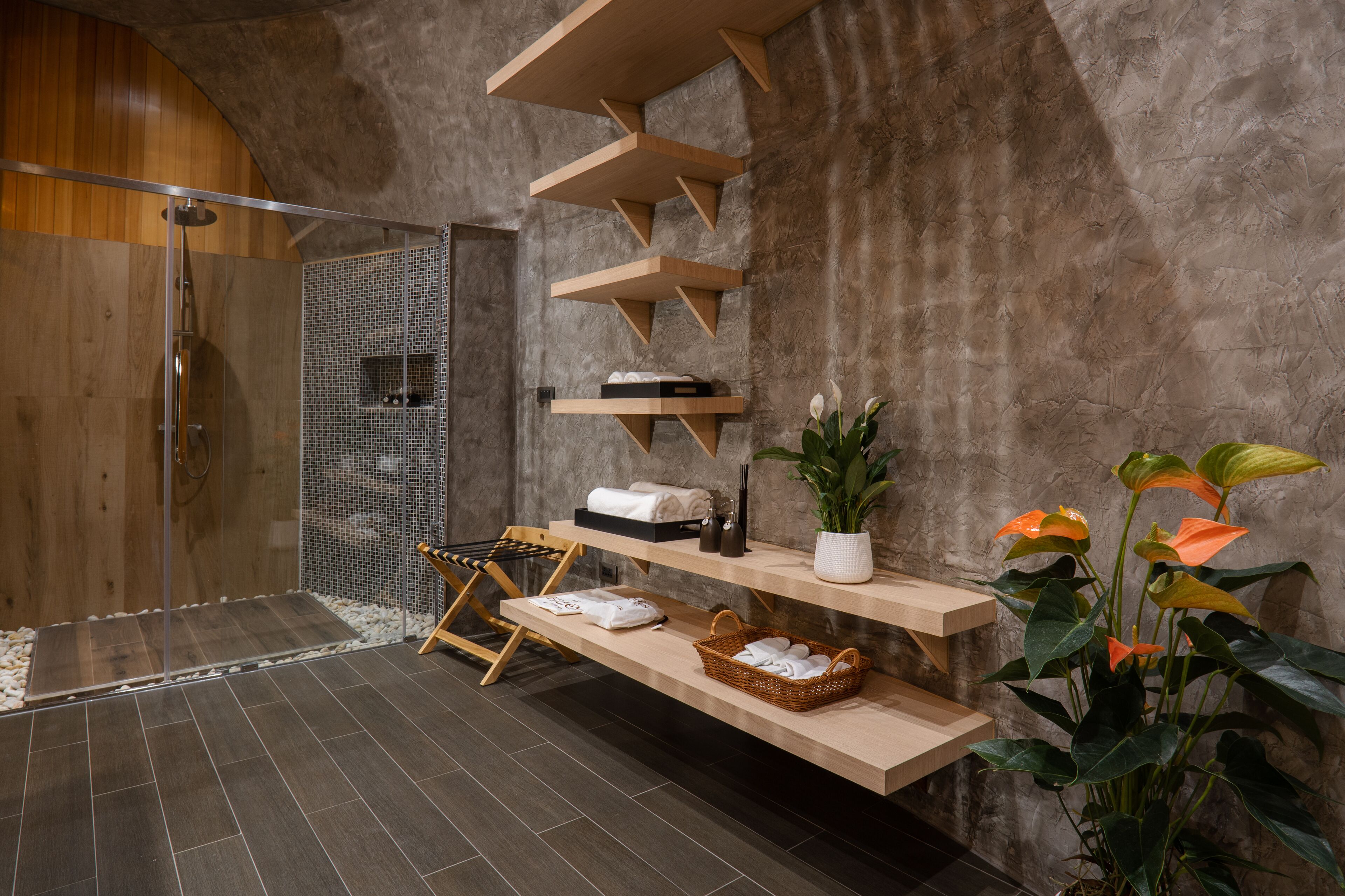 A modern bathroom with a shower, wooden shelves, and a plant.