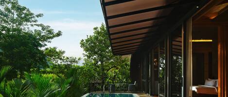 Un área de piscina moderna con vista despejada, rodeada de exuberante follaje y una terraza de madera.