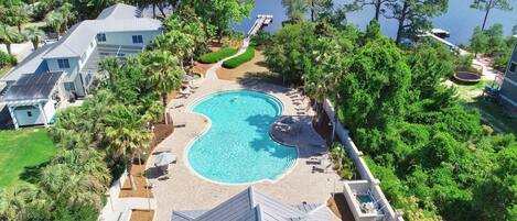 A heated pool, pool loungers
