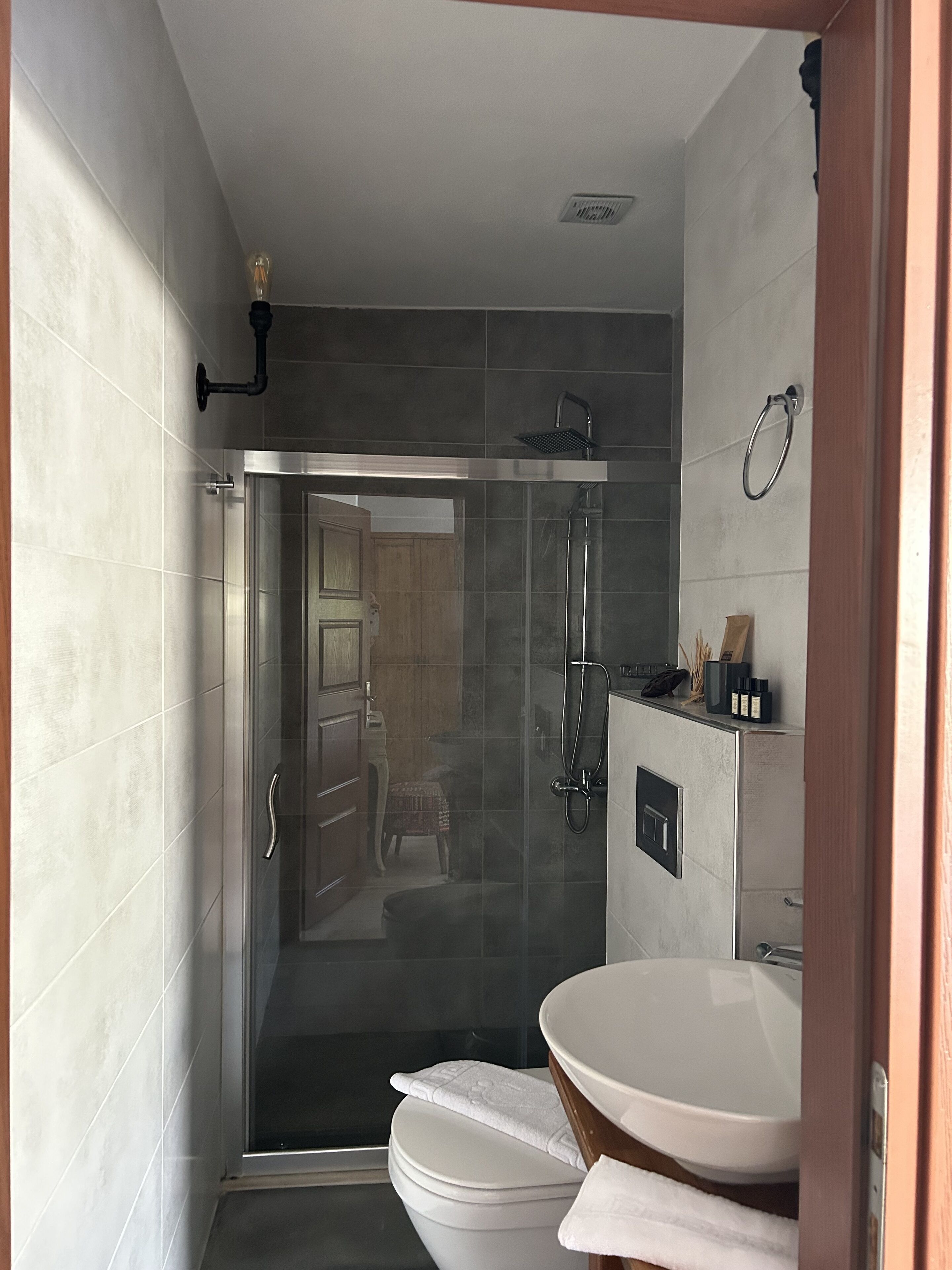 A modern bathroom with a glass-enclosed shower, a white toilet, and a large sink.