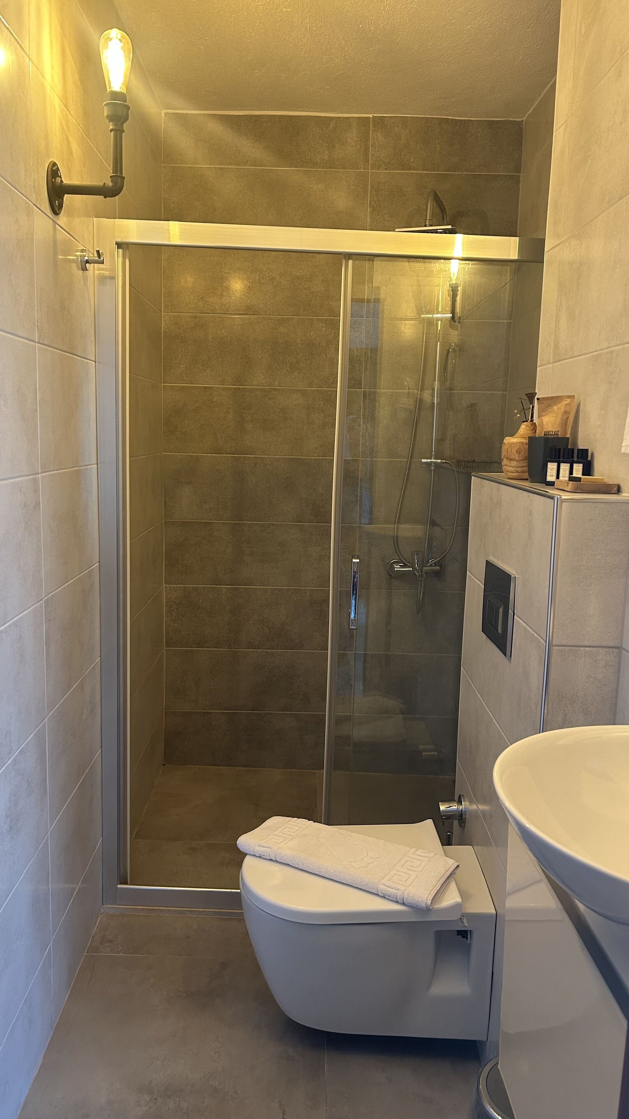 A modern bathroom with a glass-enclosed shower, a white toilet, and a sink with a mirror.