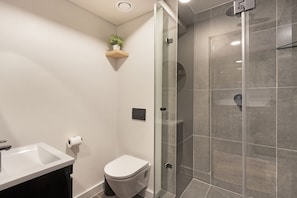 A modern bathroom with a toilet, sink, and glass-enclosed shower.