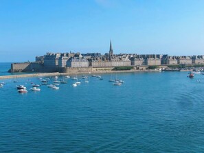 Une ville côtière dotée d’un château fortifié et d’un port rempli de bateaux.