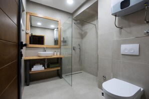 Une salle de bain moderne avec une douche à parois de verre, un meuble-lavabo en bois et des toilettes.