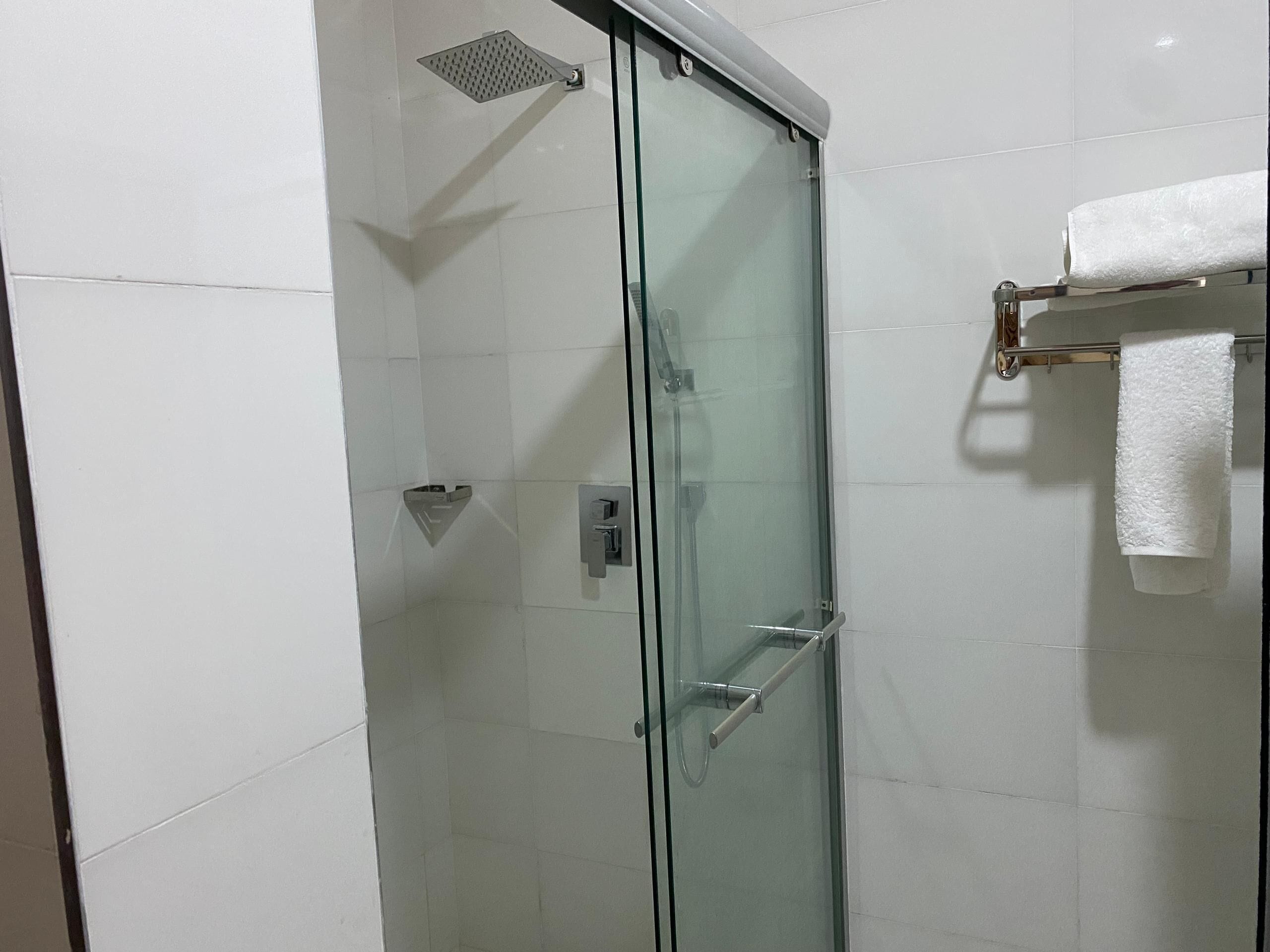 A glass-enclosed shower stall with a handheld showerhead, a towel rack with a white towel, and a glass door with a silver handle.