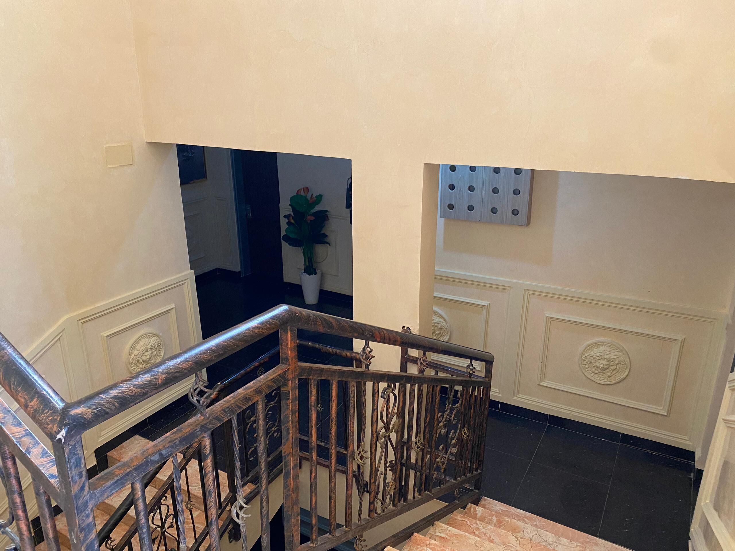 A staircase with a metal railing and a potted plant in the background.