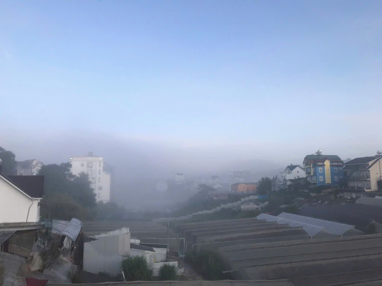 A residential area with buildings and a foggy atmosphere.