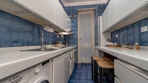 A compact kitchen with a Bosch washing machine, a sink, and a stove.
