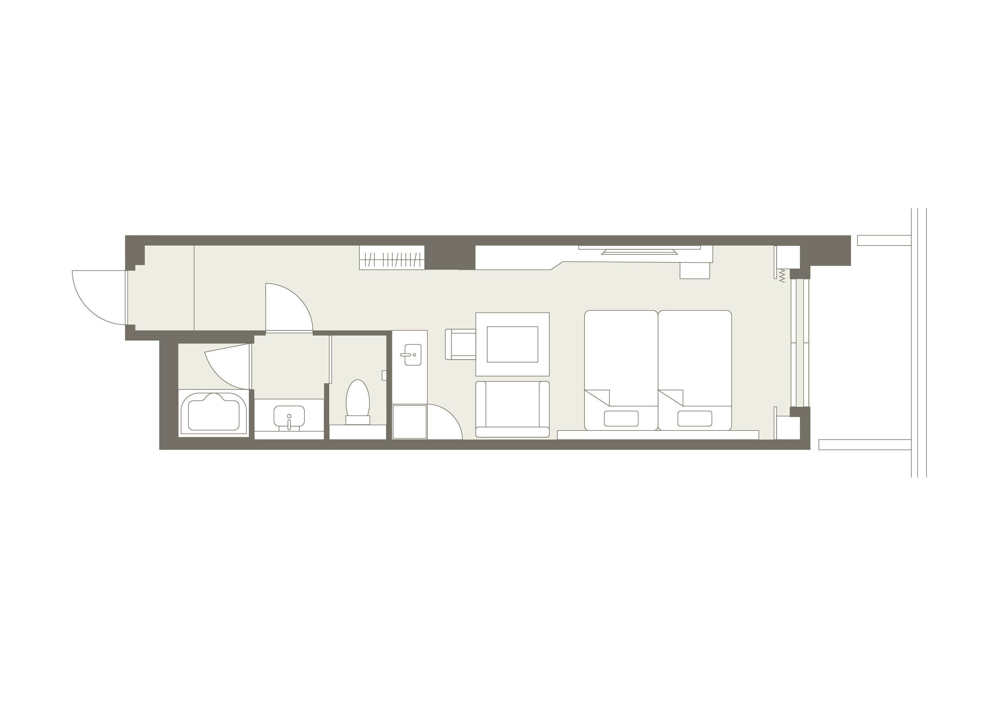Plano de planta de una habitación de hotel que incluye un baño, una kitchenette, una sala de estar y un dormitorio.