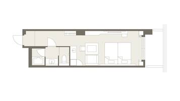 Plano de planta de una habitación de hotel que incluye un baño, una kitchenette, una sala de estar y un dormitorio.
