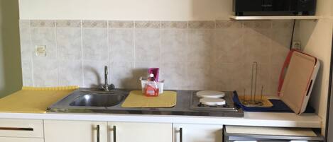 A compact kitchen with a sink, microwave, and a small refrigerator.