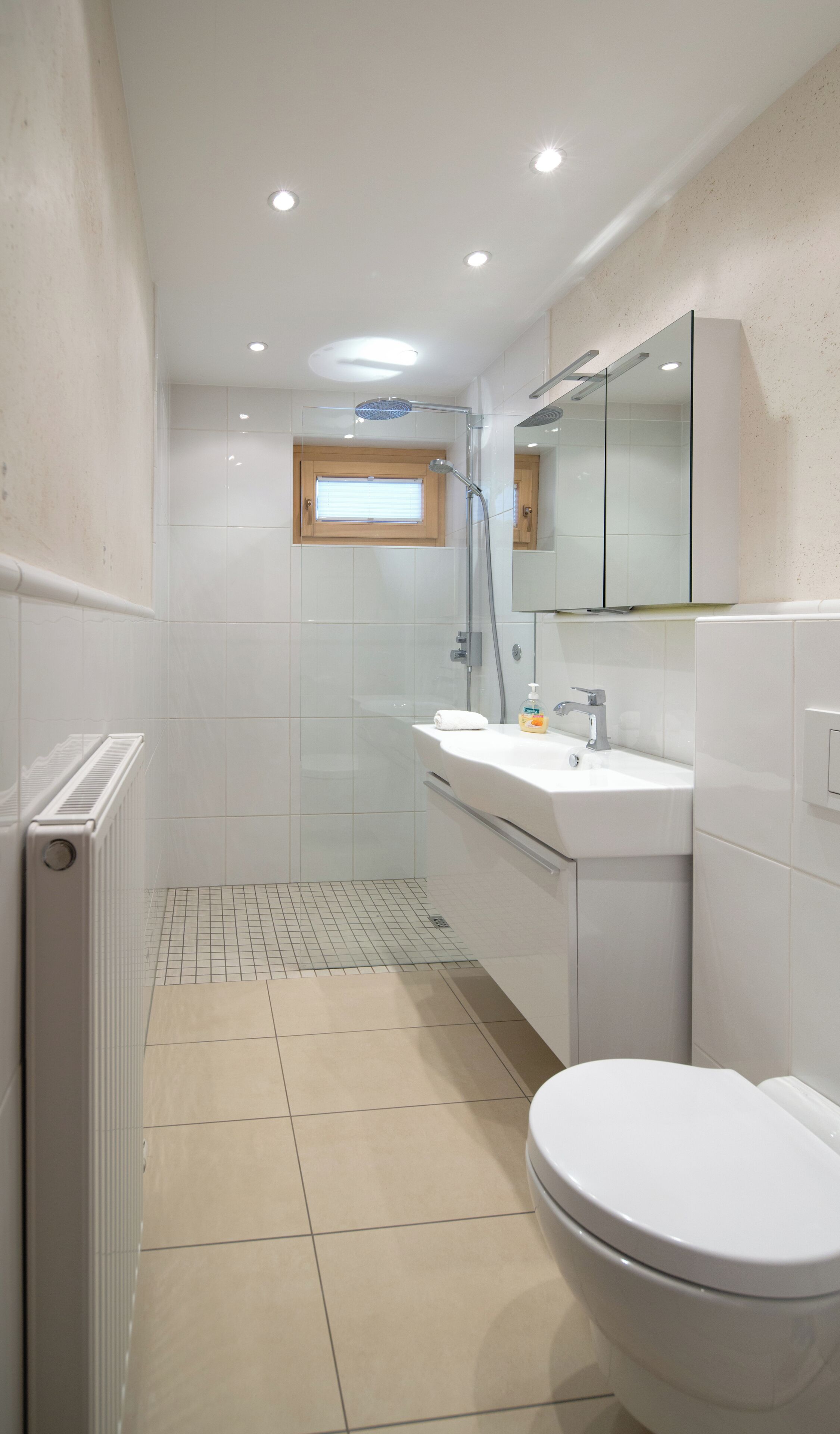 Une salle de bain moderne équipée d’une douche, de toilettes et d’un lavabo.