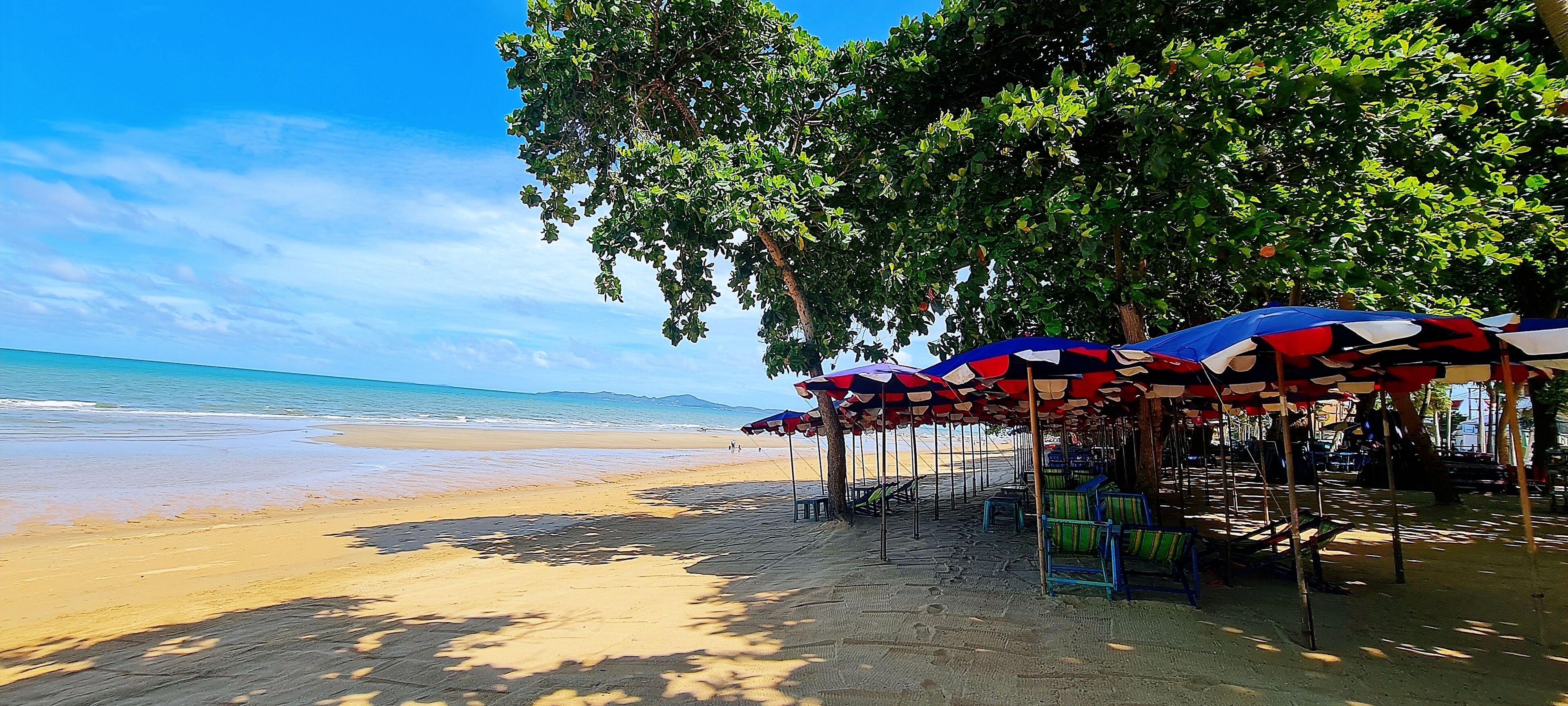 A beach with umbrellas and seating, a sandy shore, and a clear sky.