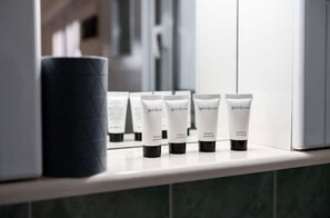 Hair dryer, towels, soap, toilet paper