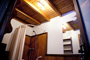 Shower, hair dryer, towels, shampoo