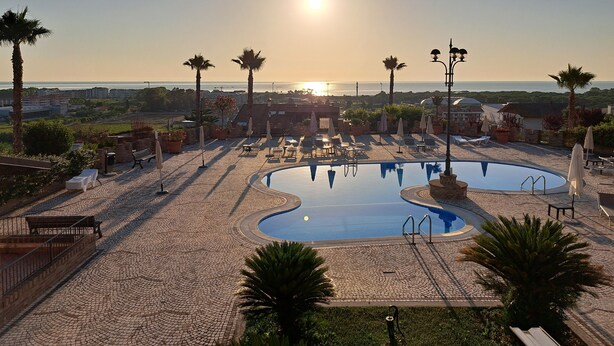 Zona de piscina con sillones de descanso y sombrillas, rodeada de palmeras y vista al mar.