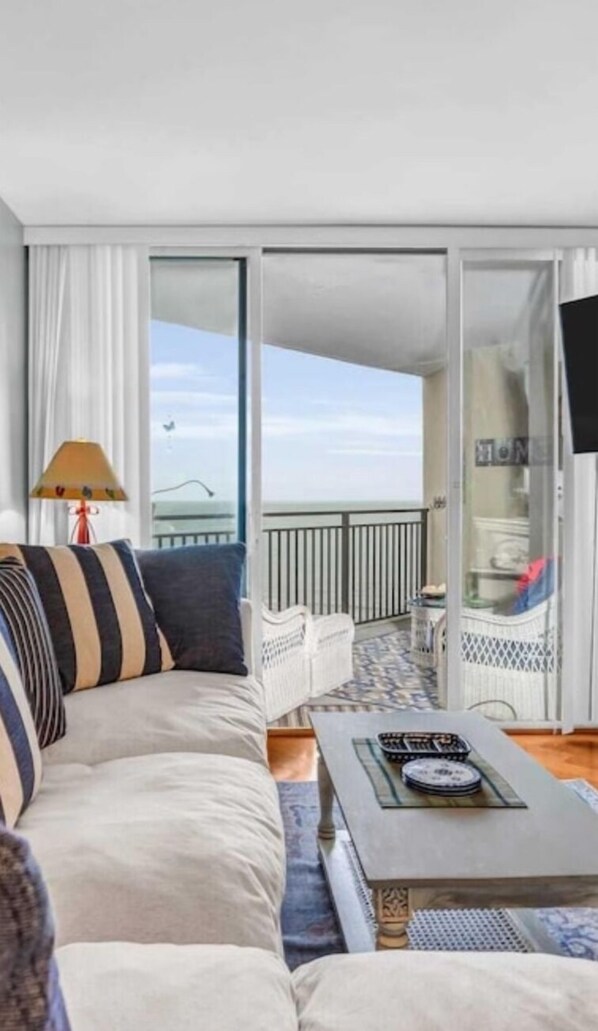 Smart TV, fireplace, books, stereo