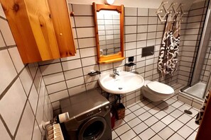 Une petite salle de bain équipée d’un lave-linge, d’un évier, de toilettes et d’une douche.
