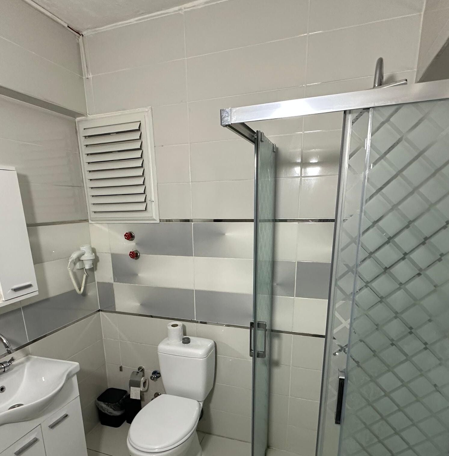 A small bathroom with a toilet, sink, and shower.
