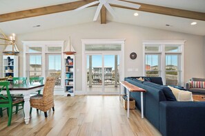 TV, fireplace, books