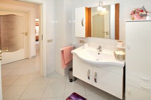 Shower, hair dryer, bidet, towels