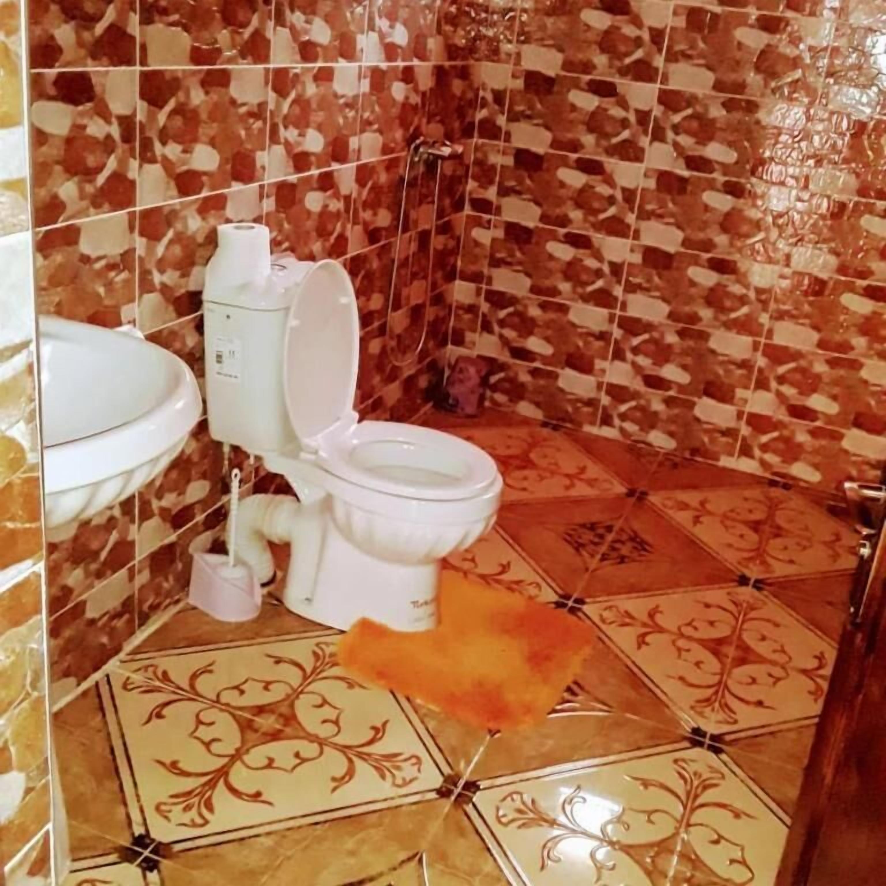 A bathroom with a toilet, bidet, and sink. The floor has patterned tiles.