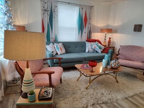 Flat-screen TV, DVD player, books, music library