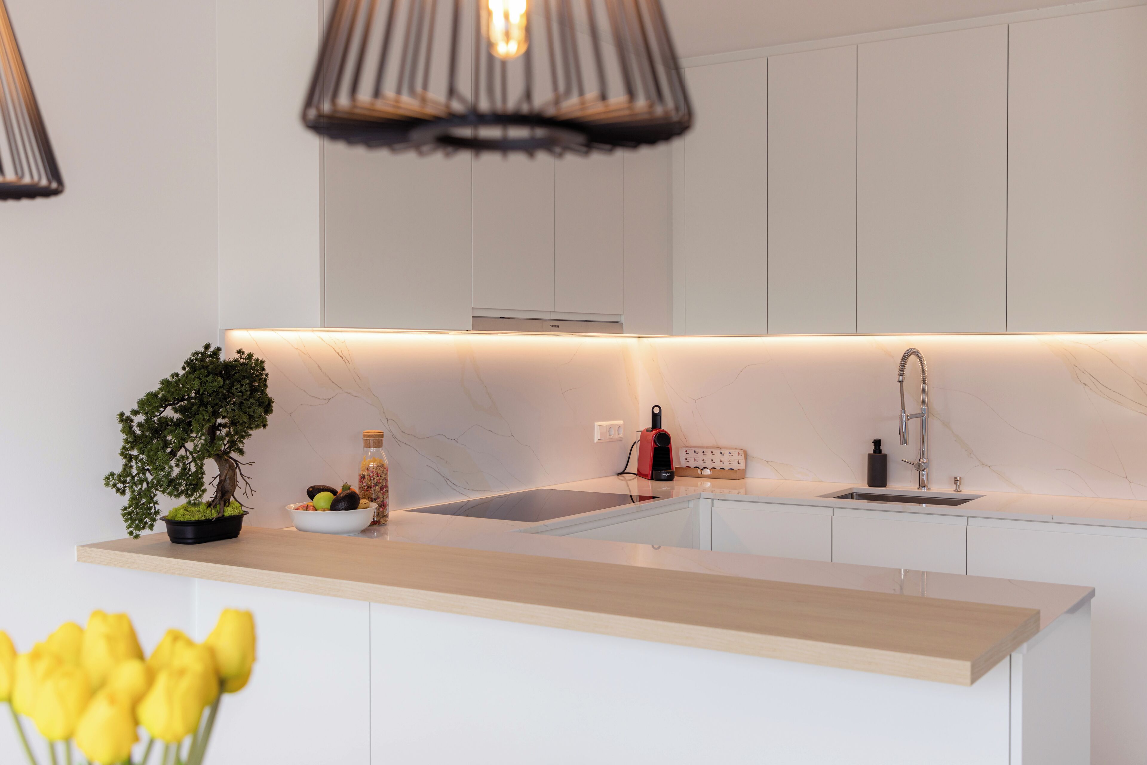 A modern kitchen with a wooden countertop, a sink, and a potted plant.