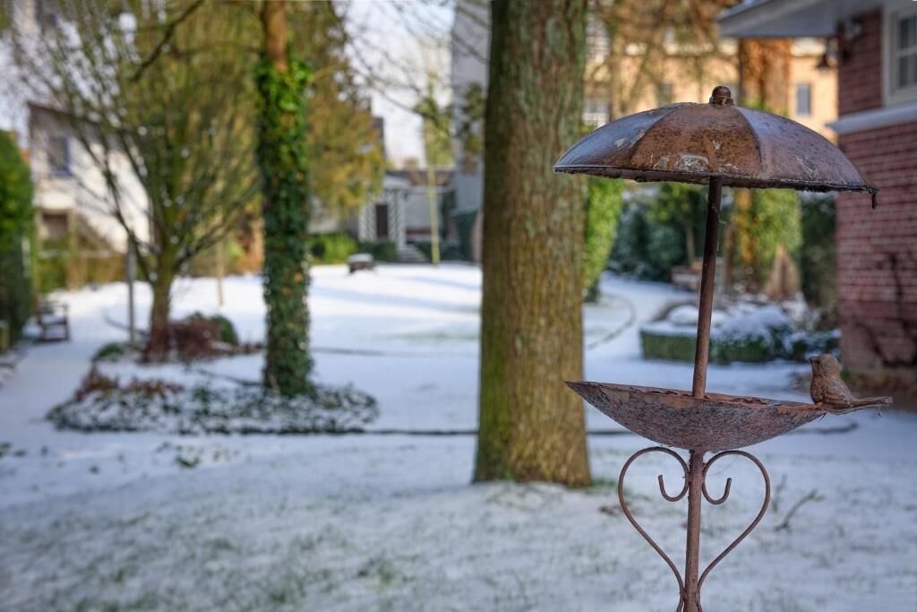 A rustic metal birdbath with a heart-shaped base, set in a snowy garden with a tree and a brick building in the background.