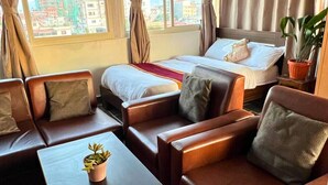 A hotel room with a bed, two sofas, a small table with a plant, and a view of the city. - Deepjyoti Inn & Homestay (Kathmandu)