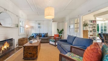 Televisión, chimenea y libros