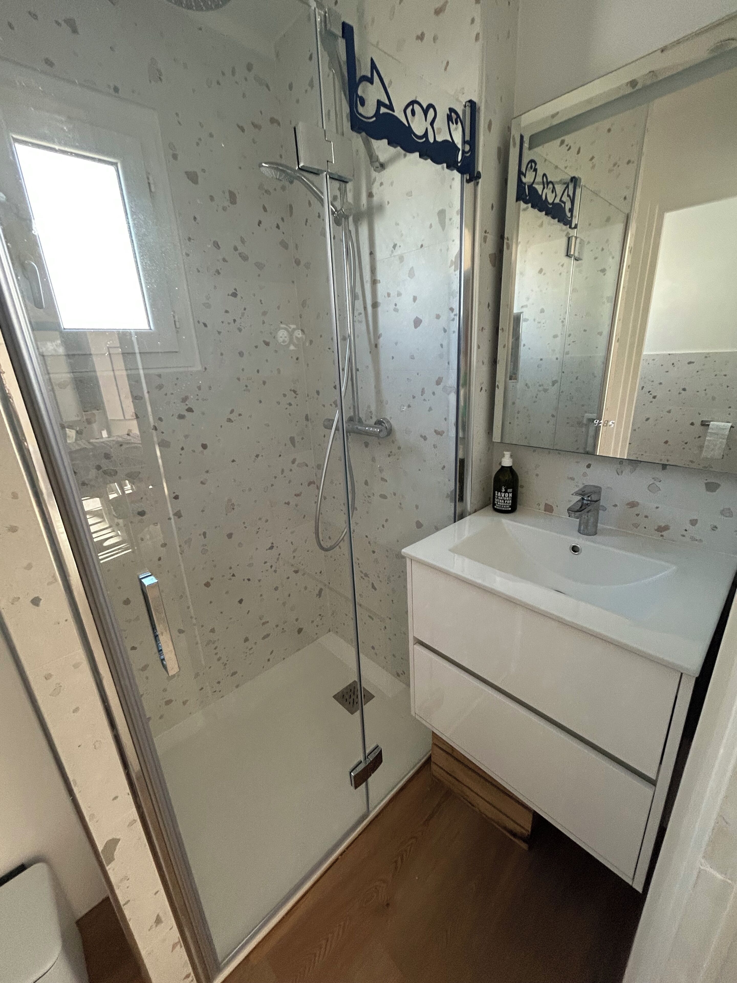 Douche, sèche-cheveux, savon, papier toilette