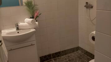 Douche, sĂšche-cheveux, serviettes fournies, papier toilette