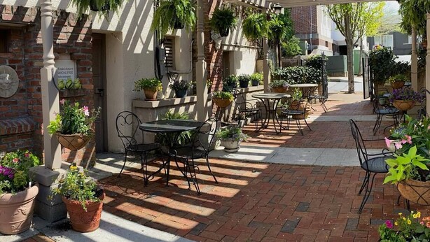 Une terrasse extérieure avec un sol en briques, des tables, des chaises et des plantes en pot.