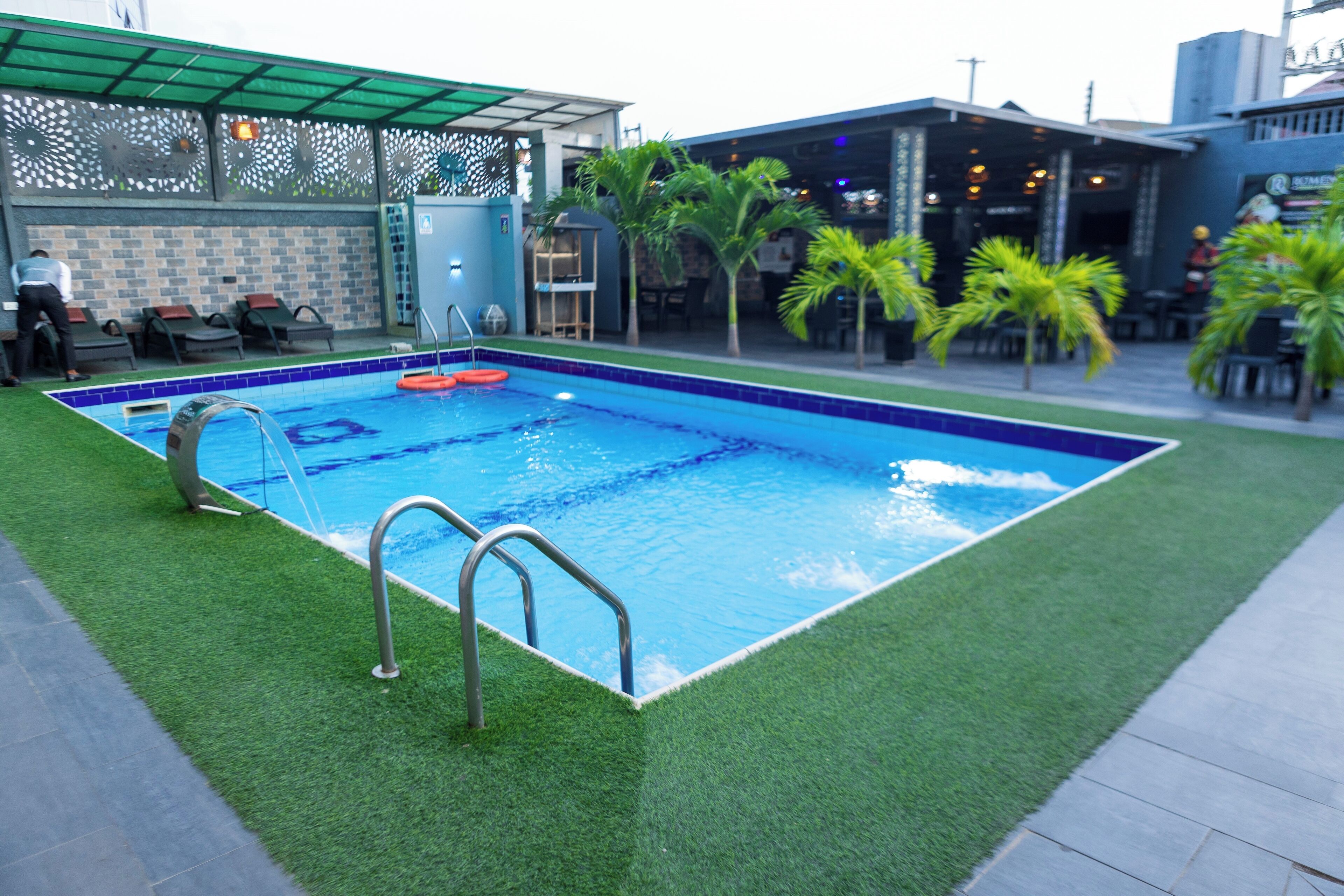 outdoor pool, pool loungers