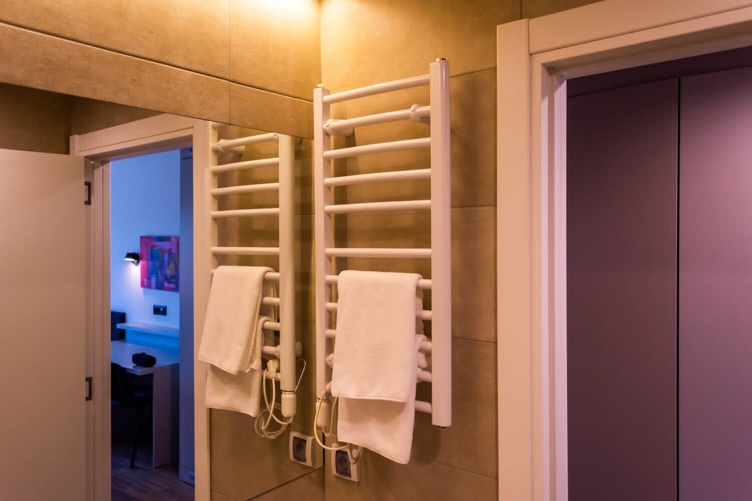 shower, rainfall showerhead, hair dryer, towels