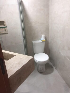 Bidê, toalhas de banho, sabonete, papel higiênico