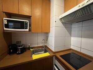 Apartamento superior | Cozinha privada | Geladeira grande, micro-ondas, fogão, cooktop
