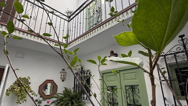 Une cour avec une porte verte, des plantes en pot et un mur blanc agrémenté de moulures décoratives.