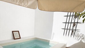 Un espace bien-être avec un jacuzzi, un certificat encadré accroché au mur et une pergola couverte de plantes grimpantes.