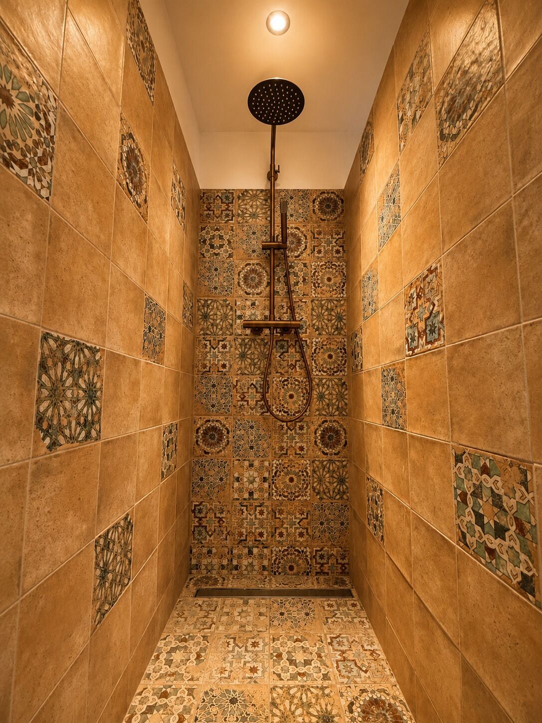 A narrow shower area with a tiled wall featuring intricate patterns and a central showerhead.