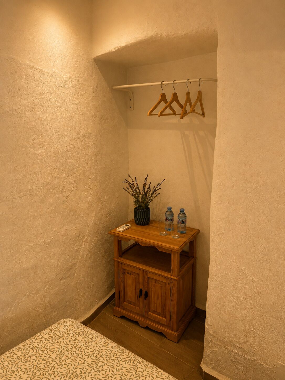 A corner room with a wooden cabinet, a hanging clothes rack, a potted plant, and two water bottles on a small table.